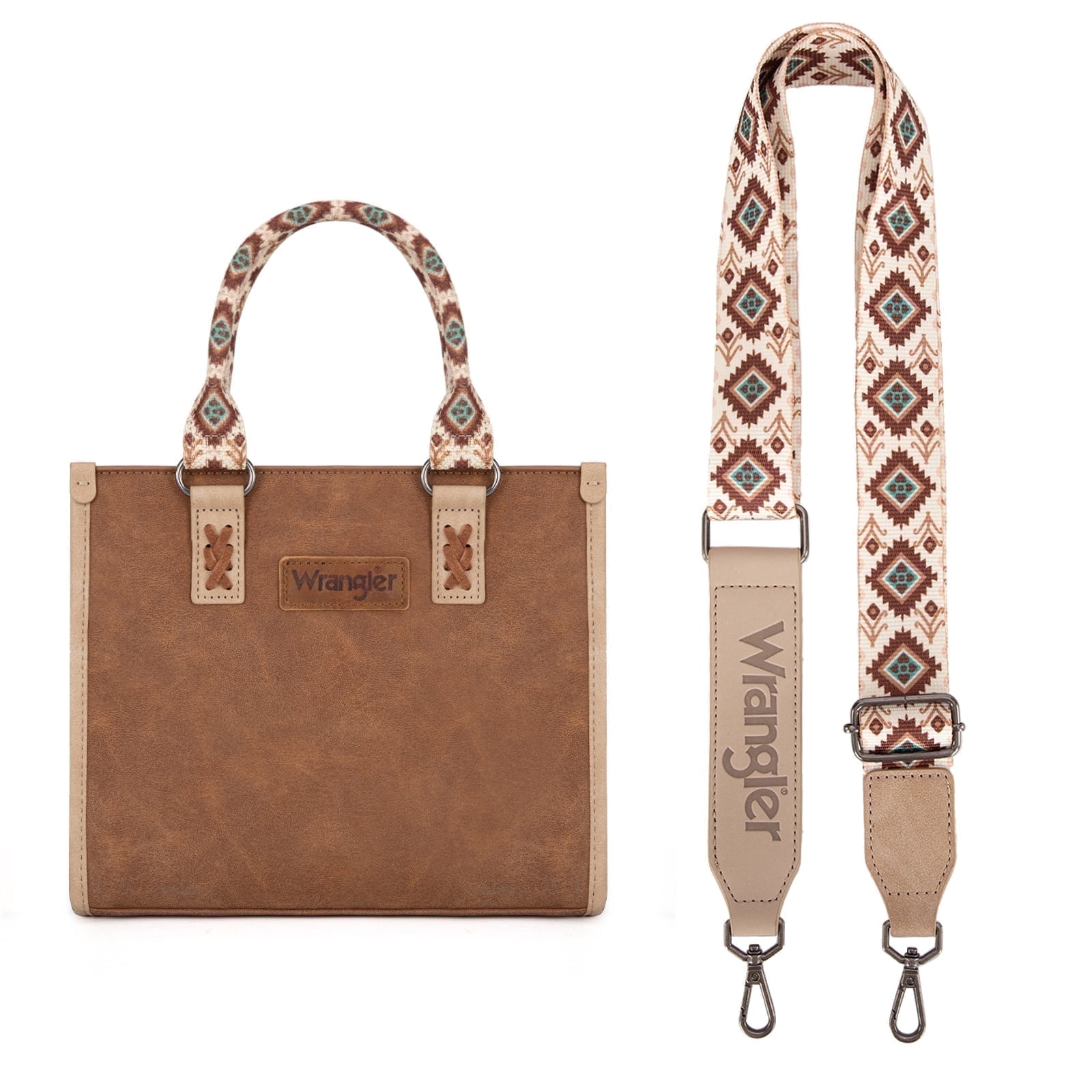 Wrangler Tote Bag for Women Western Retro Purse Top Handle Handbags with Aztec Strap, Brown